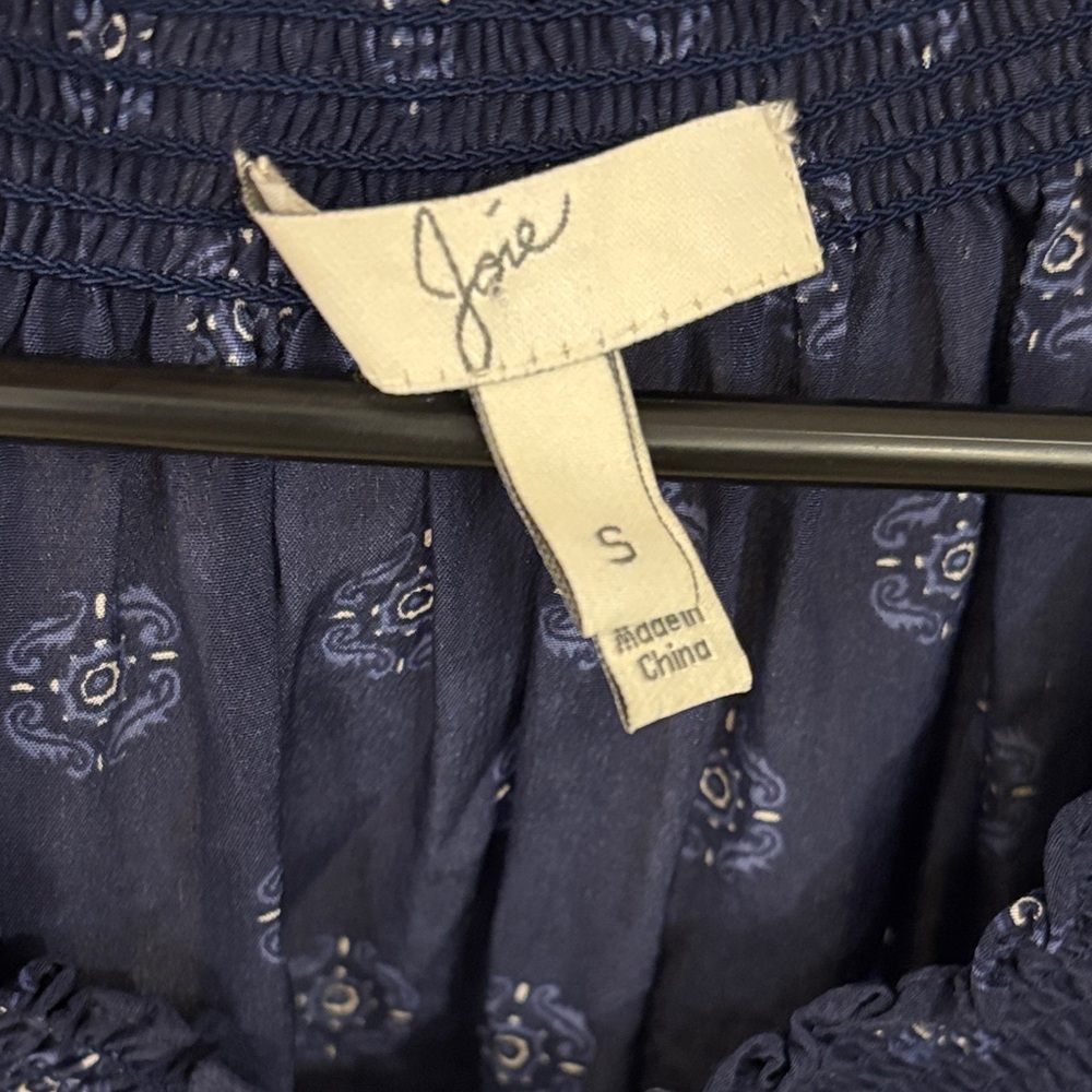 Joie Navy Blue Boho Peasant Blouse with Subtle Floral Motif - Picture 2 of 9